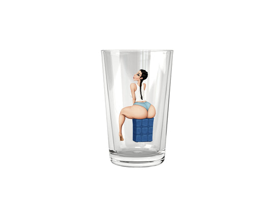 Clear glass with a graphic of a person sitting on a blue stool inside it on a white background